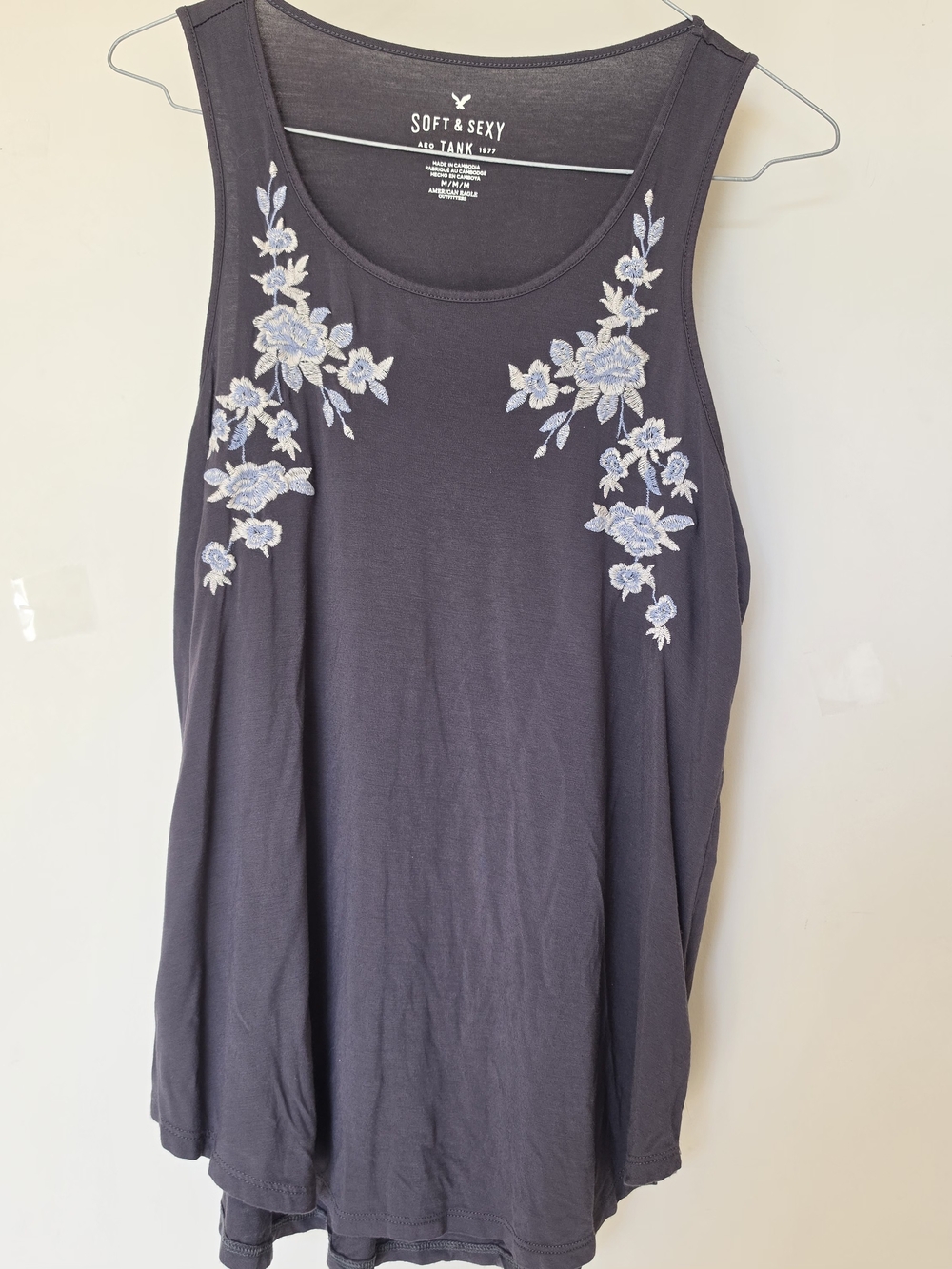 Soft & Sexy Charcoal Tank with Pale Blue Floral Embroidery